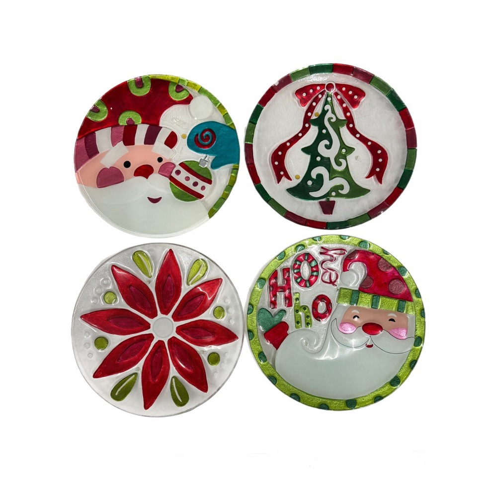 Christmas Glass Appetizer Plates Set of 4 Santa Tree Poinsettia Holiday Decor